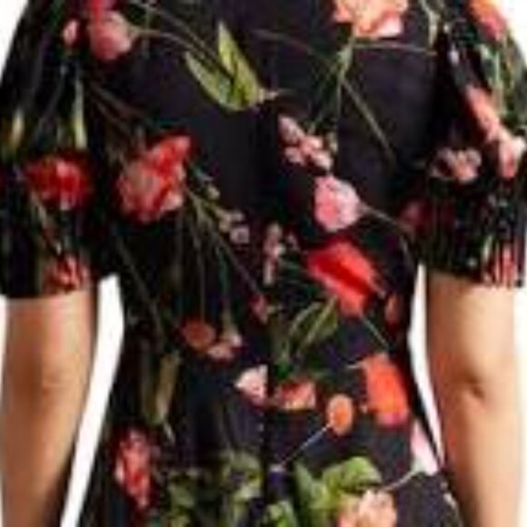 Ted Baker London Sienno black red pink floral puff sleeve mini dress size 12 - Picture 4 of 6